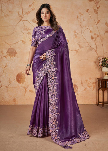Beauteous Purple Color Crush Fabric Partywear Saree