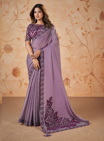 Beauteous Purple Color Satin Fabric Partywear Saree