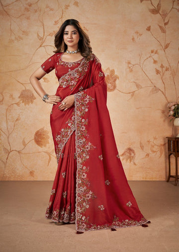 Beauteous Red Color Silk Fabric Partywear Saree