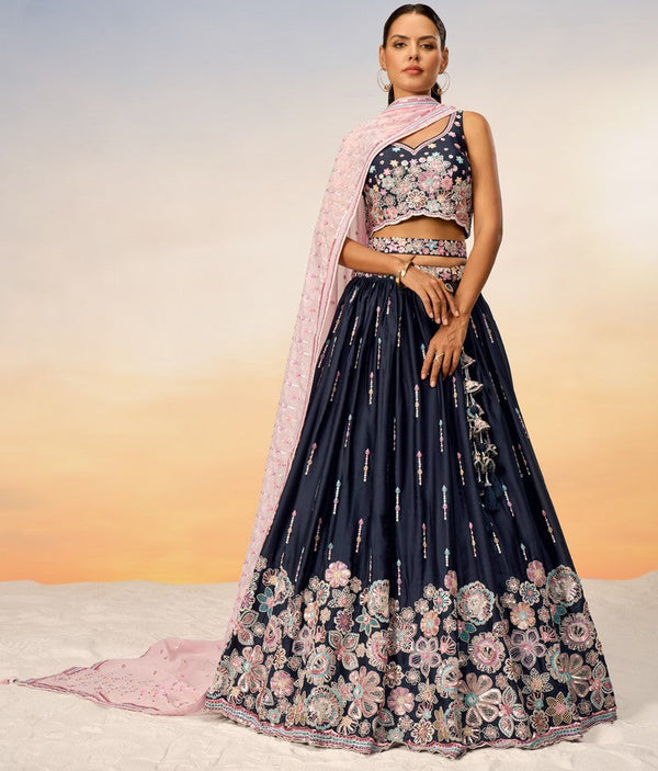 Superb Navy Blue Color Satin Fabric Party Wear Lehenga