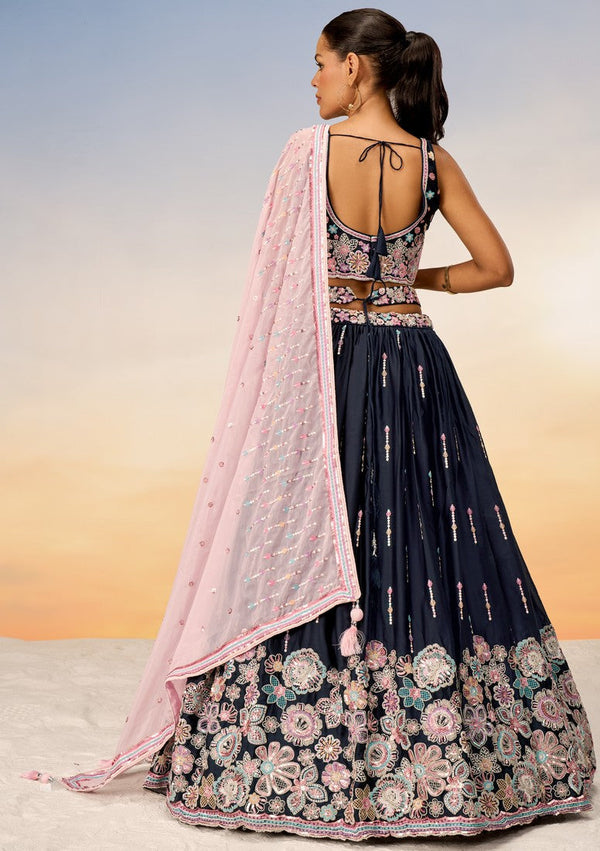 Superb Navy Blue Color Satin Fabric Party Wear Lehenga