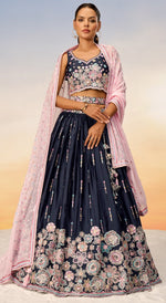 Superb Navy Blue Color Satin Fabric Party Wear Lehenga