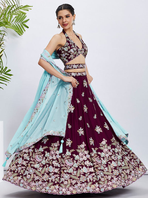 Superb Wine Color Georgette Fabric Party Wear Lehenga