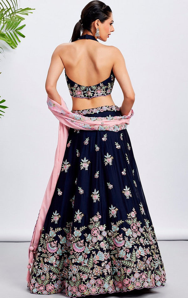 Superb Navy Blue Color Georgette Fabric Party Wear Lehenga