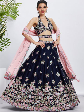 Superb Navy Blue Color Georgette Fabric Party Wear Lehenga