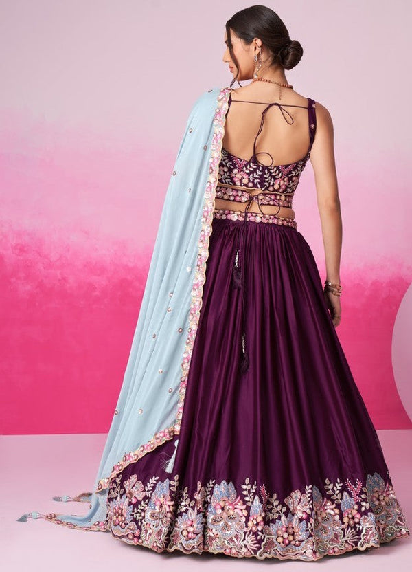 Superb Voilet Color Satin Fabric Party Wear Lehenga