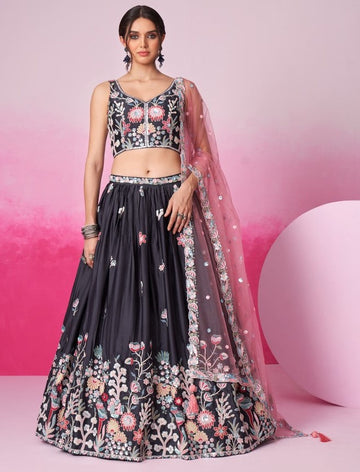 Superb Grey Color Satin Fabric Party Wear Lehenga