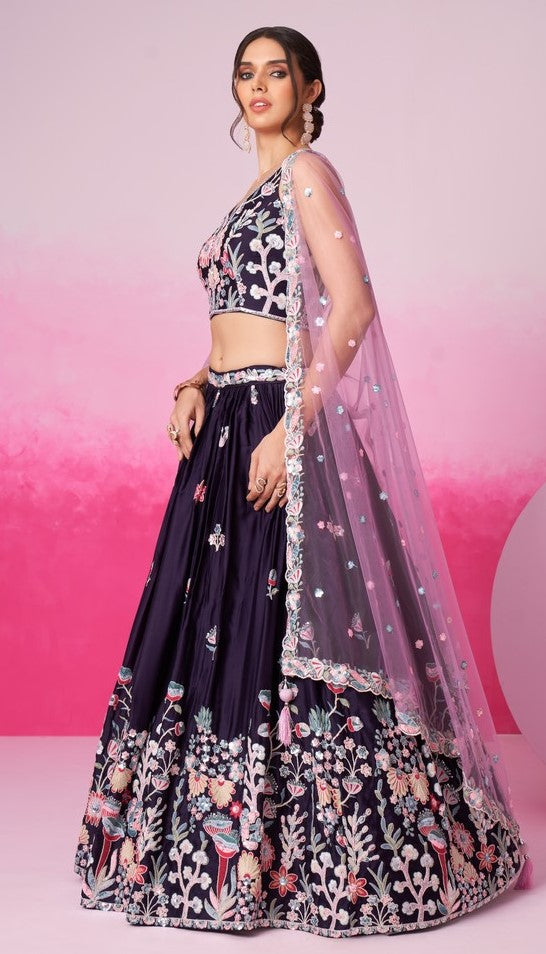 Superb Voilet Color Satin Fabric Party Wear Lehenga