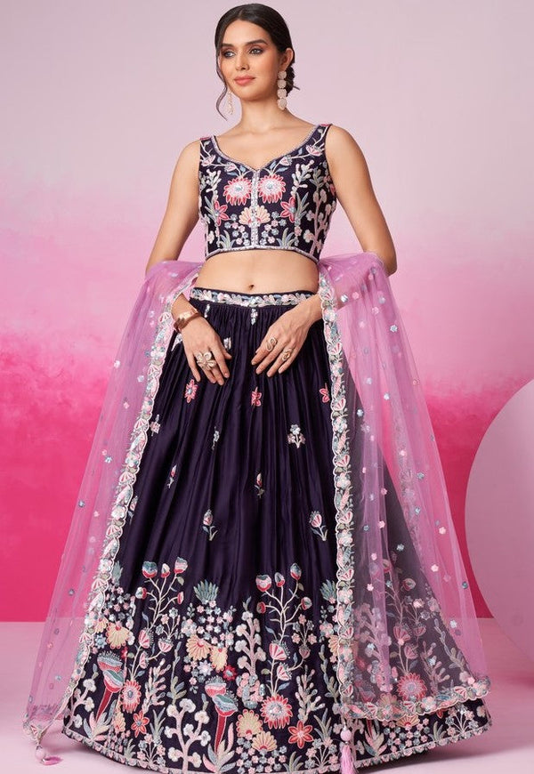 Superb Voilet Color Satin Fabric Party Wear Lehenga