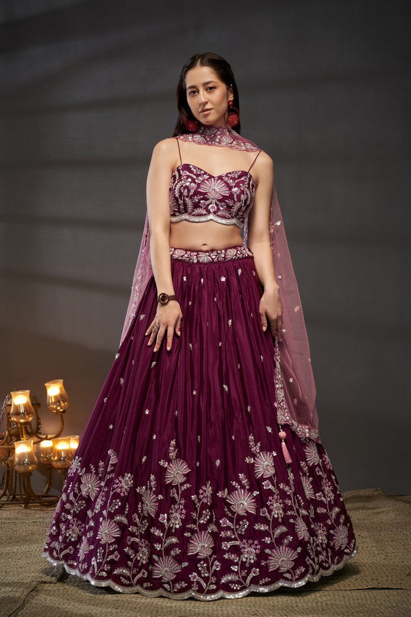 Superb Maroon Color Chiffon Fabric Party Wear Lehenga