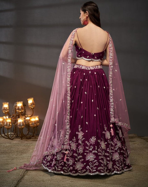 Superb Maroon Color Chiffon Fabric Party Wear Lehenga