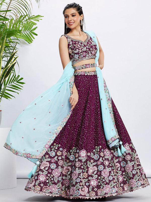 Superb Voilet Color Chiffon Fabric Party Wear Lehenga