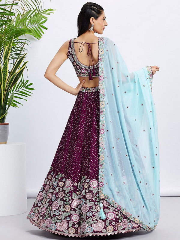 Superb Voilet Color Chiffon Fabric Party Wear Lehenga