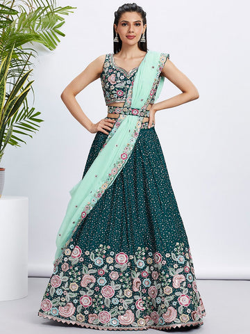 Beautiful Green Color Chiffon Fabric Party Wear Lehenga