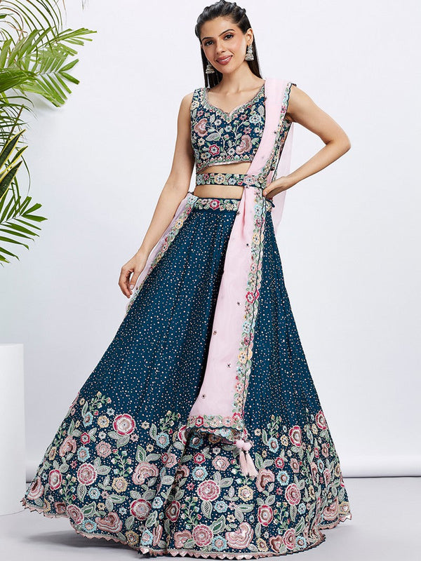 Beautiful Navy Blue Color Chiffon Fabric Party Wear Lehenga