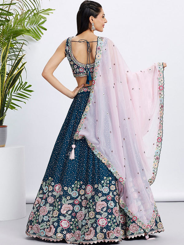 Beautiful Navy Blue Color Chiffon Fabric Party Wear Lehenga