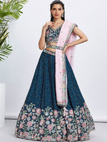 Beautiful Navy Blue Color Chiffon Fabric Party Wear Lehenga