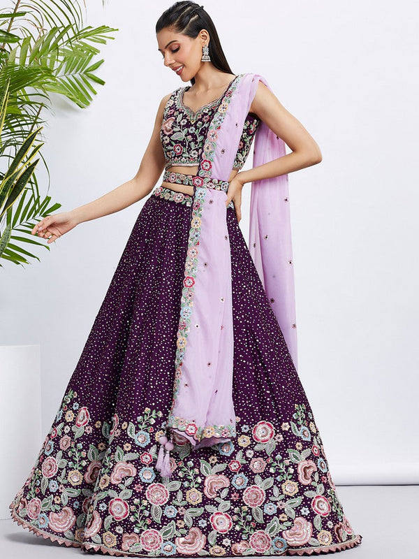 Beautiful Purple Color Chiffon Fabric Party Wear Lehenga