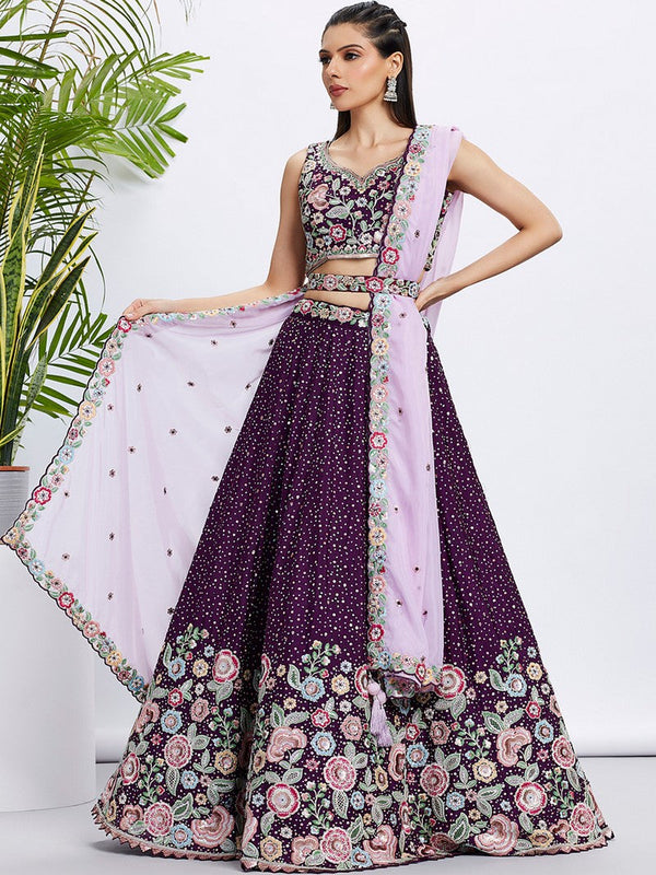 Beautiful Purple Color Chiffon Fabric Party Wear Lehenga