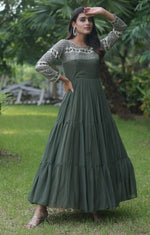 Striking Green Color Blooming Fabric Gown