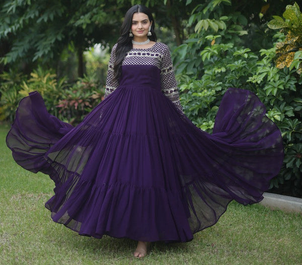 Striking Purple Color Blooming Fabric Gown