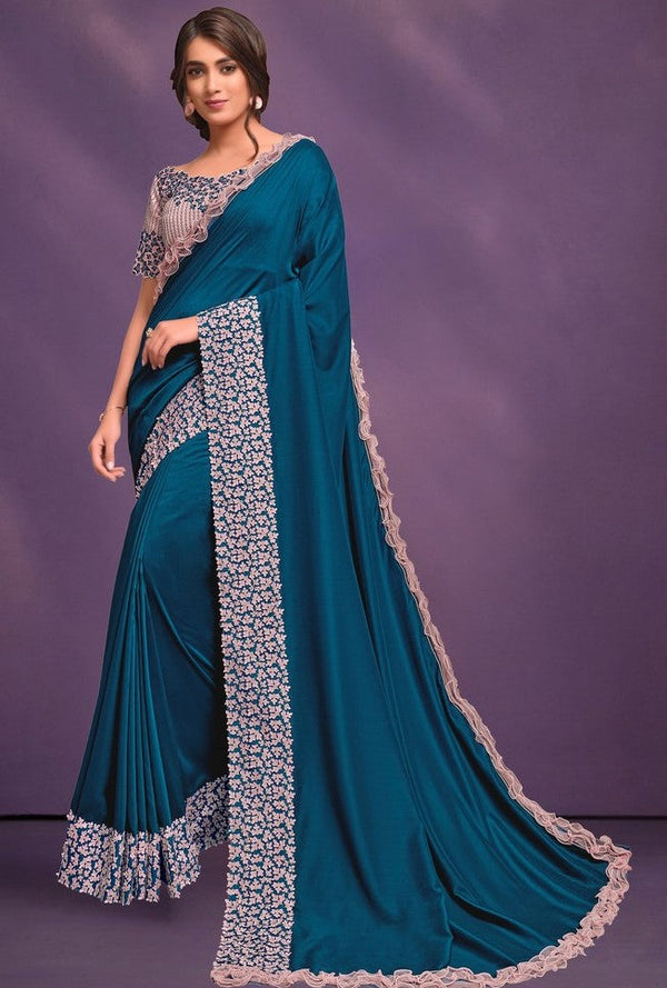 Grand Teal Color Silk Fabric Partywear Saree