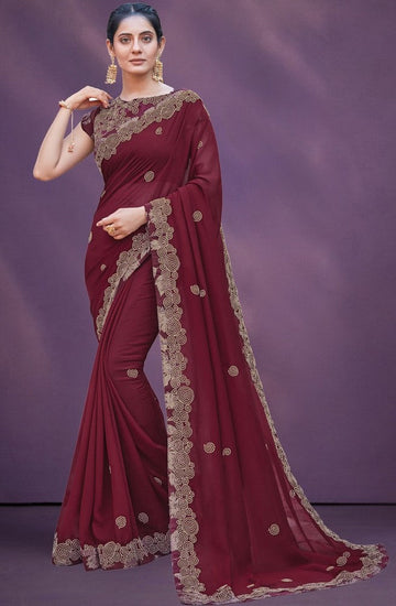 Grand Maroon Color Silk Fabric Partywear Saree