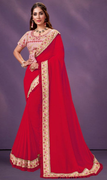 Grand Red Color Silk Fabric Partywear Saree