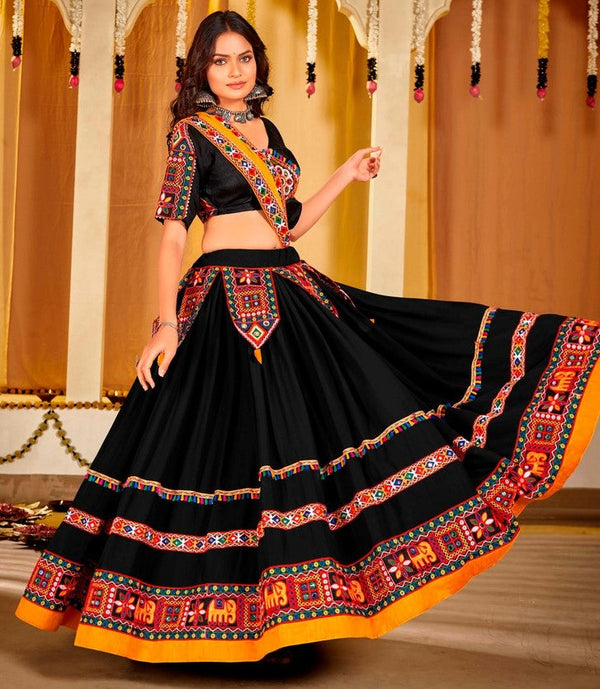 Dazzling Black Color Satin Fabric Party Wear Lehenga