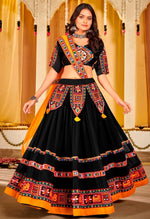 Dazzling Black Color Satin Fabric Party Wear Lehenga