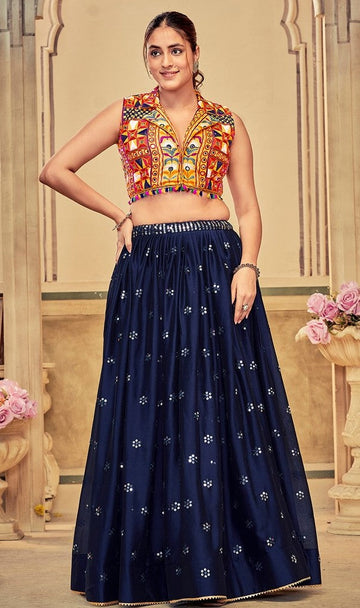 Dazzling Navy Blue Color Silk Fabric Party Wear Lehenga