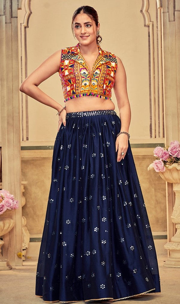 Dazzling Navy Blue Color Satin Fabric Party Wear Lehenga