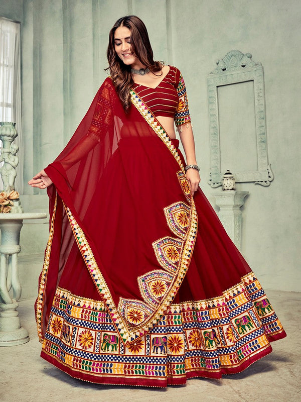 Dazzling Maroon Color Satin Fabric Party Wear Lehenga