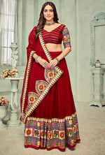 Dazzling Maroon Color Satin Fabric Party Wear Lehenga