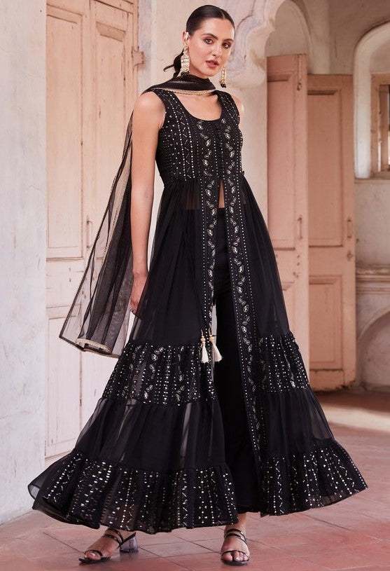 Dazzling Black Color Georgette Fabric Partywear Suit