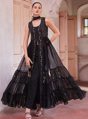 Dazzling Black Color Georgette Fabric Partywear Suit