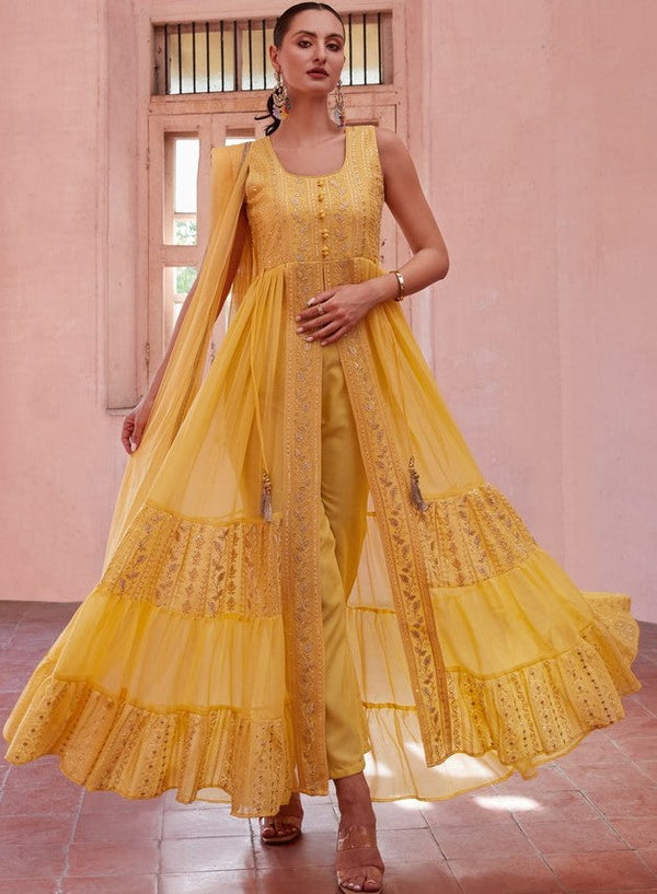 Dazzling Yellow Color Georgette Fabric Partywear Suit