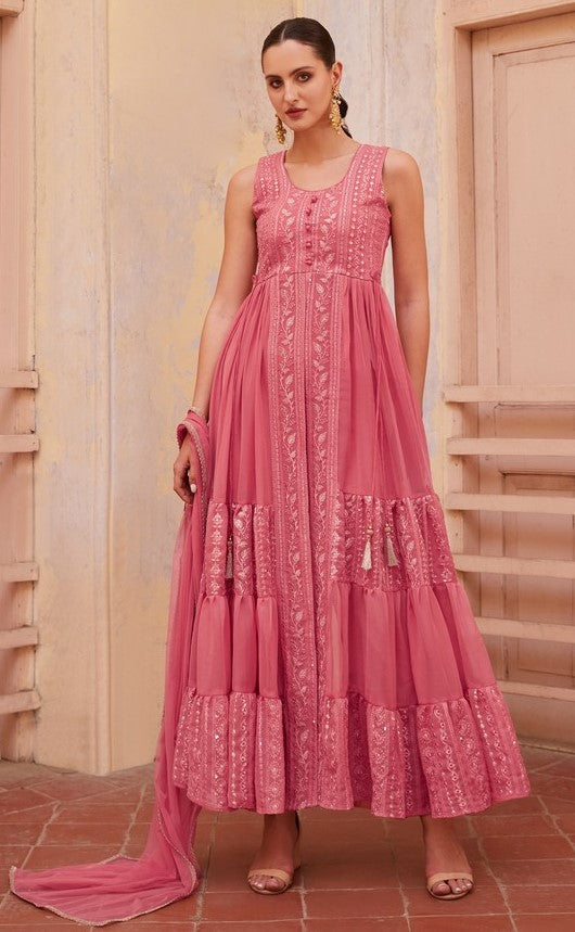 Dazzling Pink Color Georgette Fabric Partywear Suit