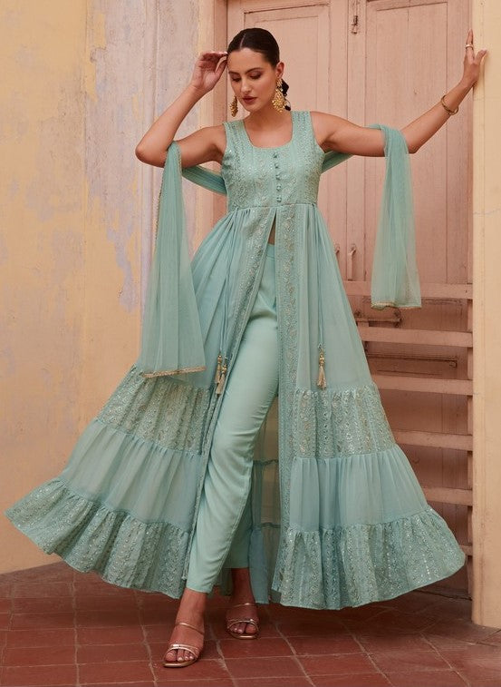 Dazzling Aqua Color Georgette Fabric Partywear Suit