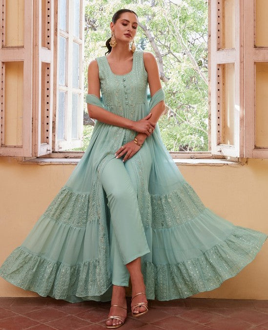 Dazzling Aqua Color Georgette Fabric Partywear Suit