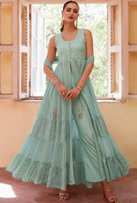 Dazzling Aqua Color Georgette Fabric Partywear Suit