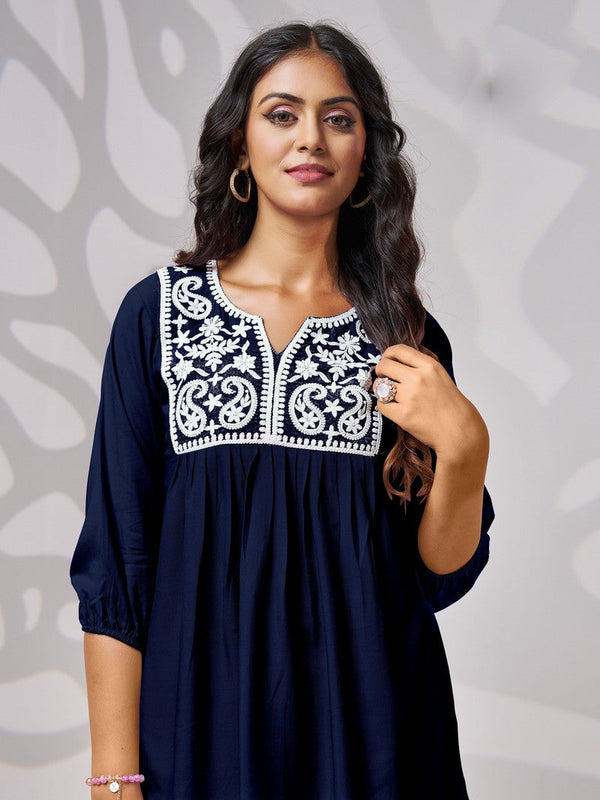 Pretty Navy Blue Color Rayon Fabric Short Kurti