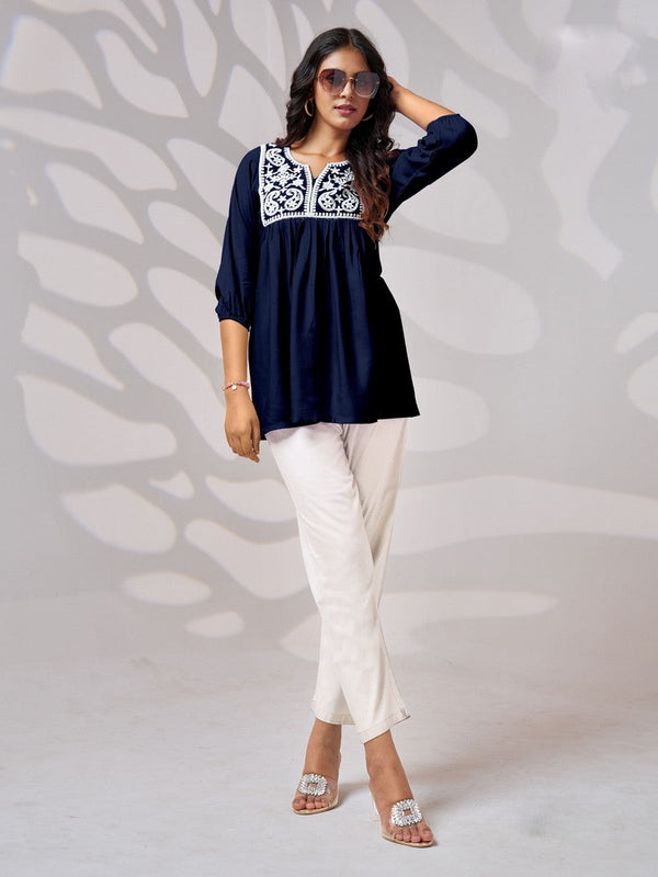 Pretty Navy Blue Color Rayon Fabric Short Kurti