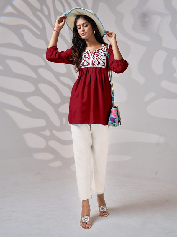 Pretty Maroon Color Rayon Fabric Short Kurti