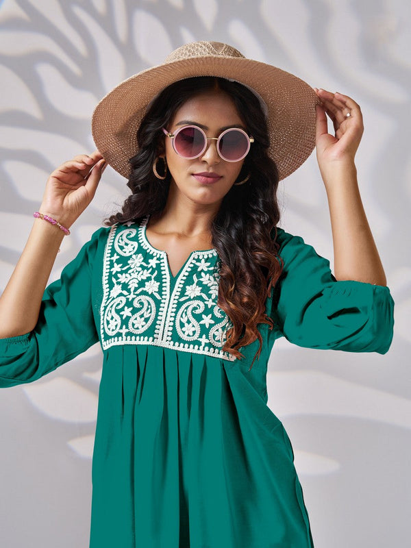 Pretty Green Color Rayon Fabric Short Kurti