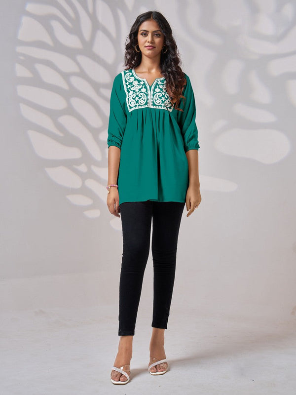 Pretty Green Color Rayon Fabric Short Kurti