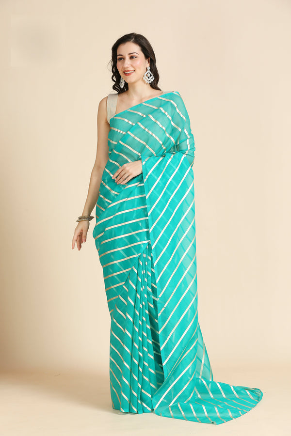 Lovely Turquoise Color Chiffon Fabric Designer Sarees