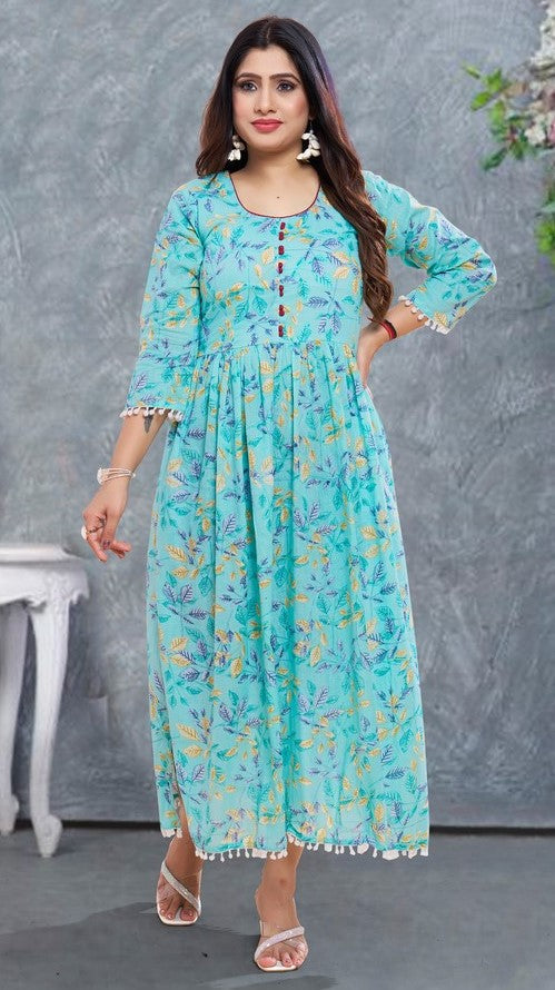 Pretty Turquoise Color Rayon Fabric Designer Kurti