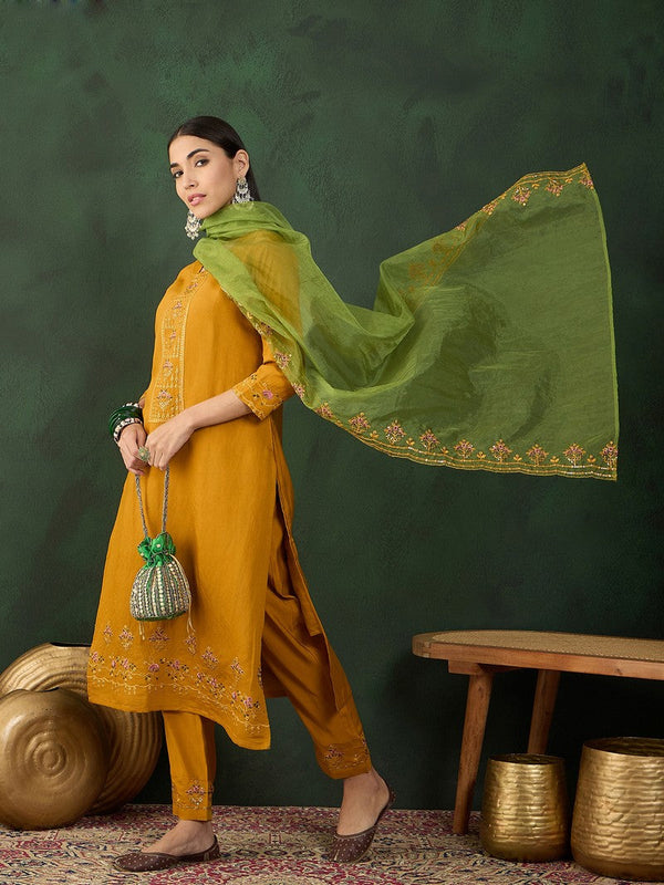 Beautiful Mustard Color Muslin Fabric Designer Suit