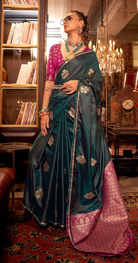 Grand Teal Color Satin Fabric Partywear Saree